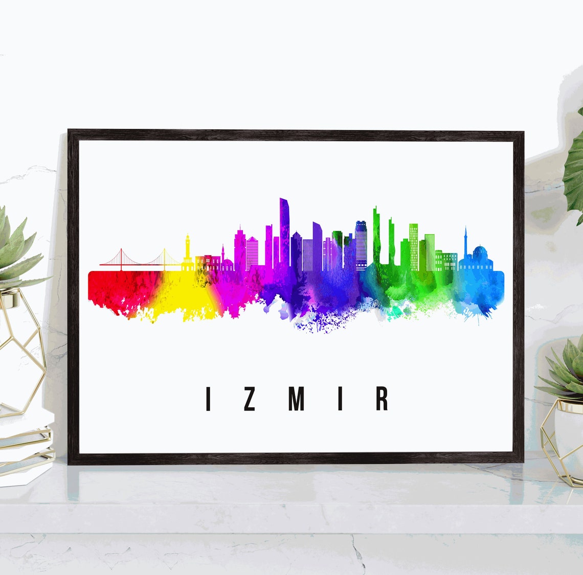 Izmir Turkey Rainbow Watercolor Bay Bridge Skyline Art Poster
