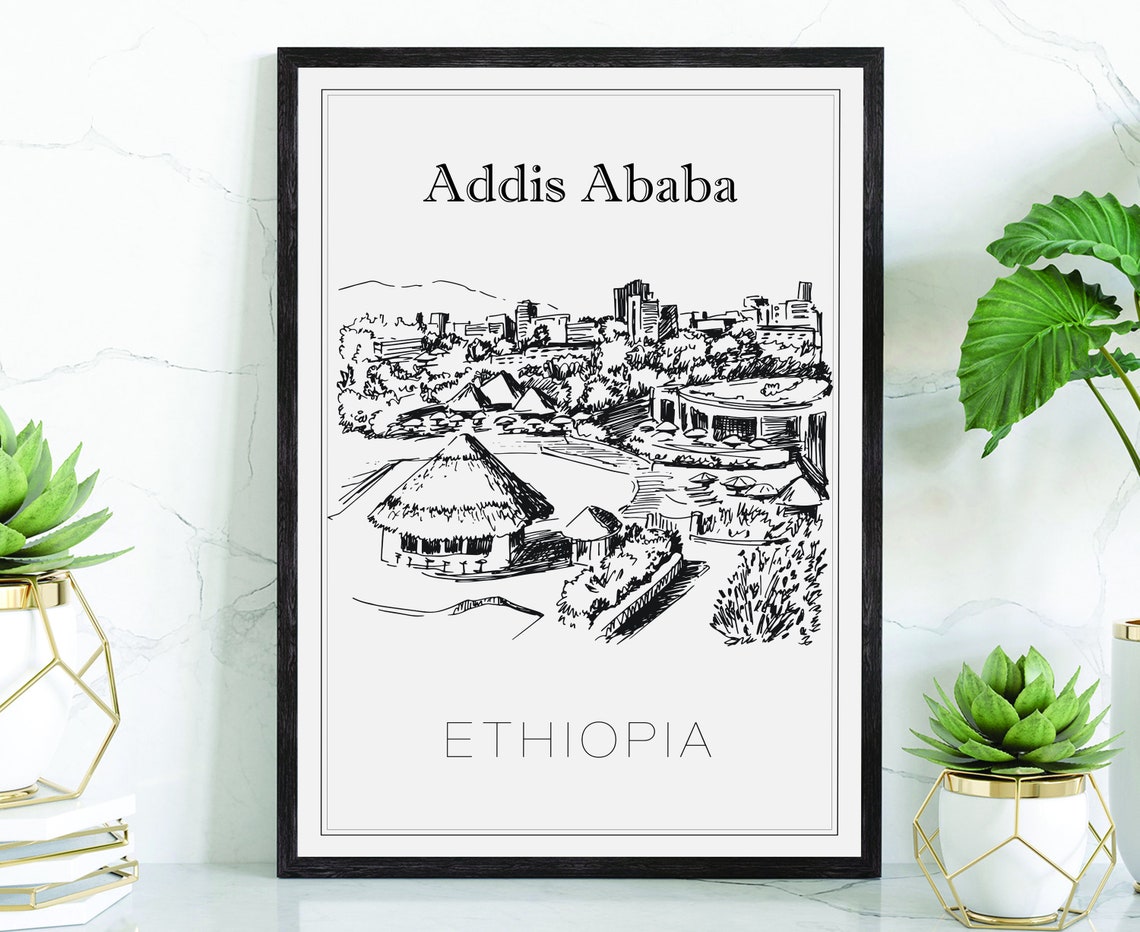 Addis Ababa Ethiopia Hand Drawn Tukul Huts City Skyline Travel Poster