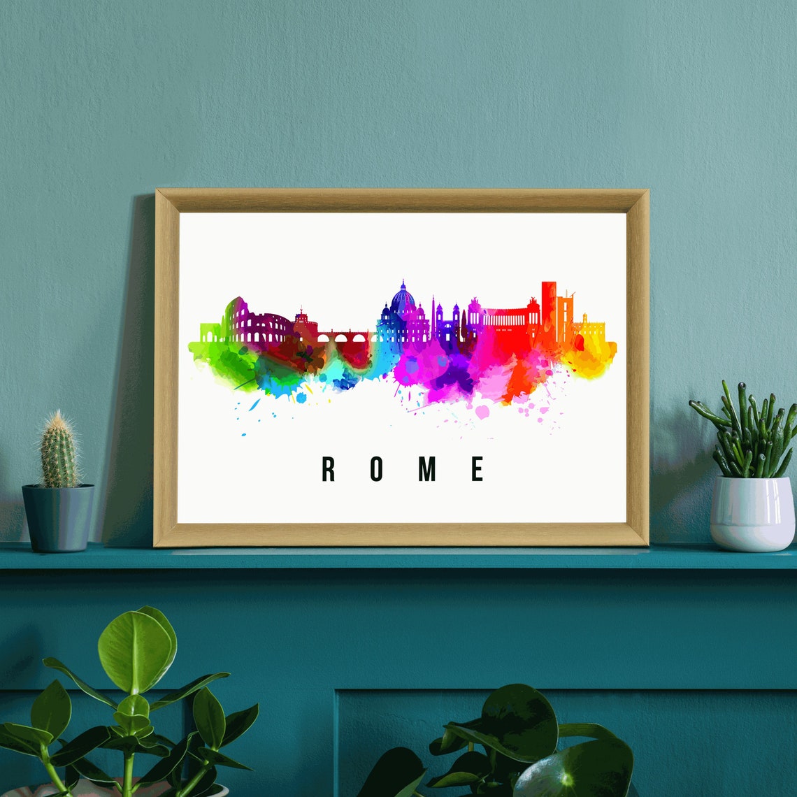Rome Italy Rainbow Watercolor Colosseum Skyline Silhouette Art Poster - Image 3