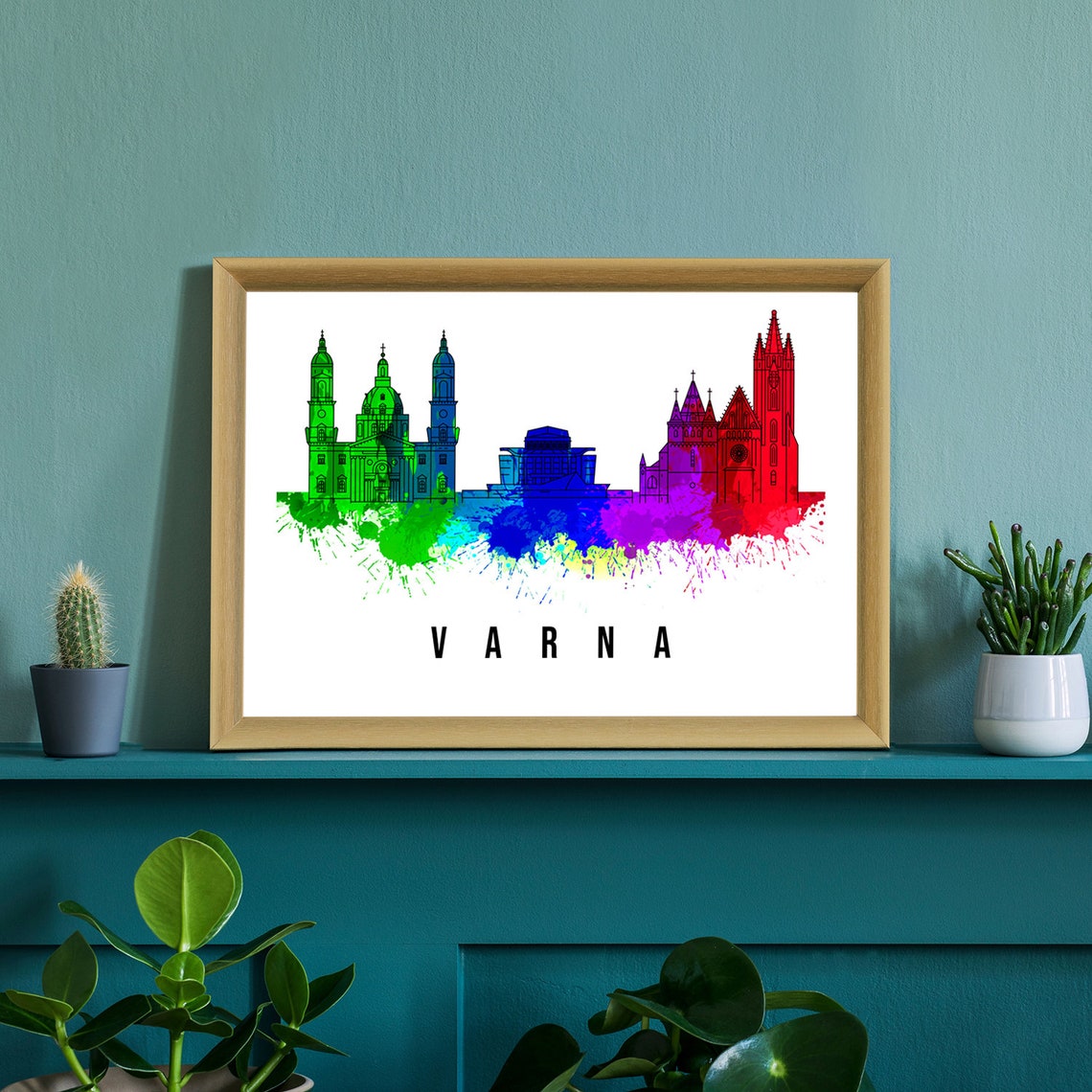 Varna Bulgaria Watercolor Skyline Rainbow Landmark Travel Wall Poster - Image 2