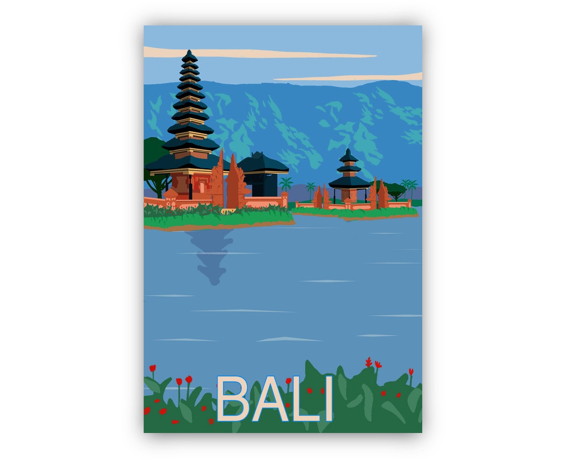 Bali Indonesia Temple Lake Retro Vintage Tropical Travel Poster - Image 2