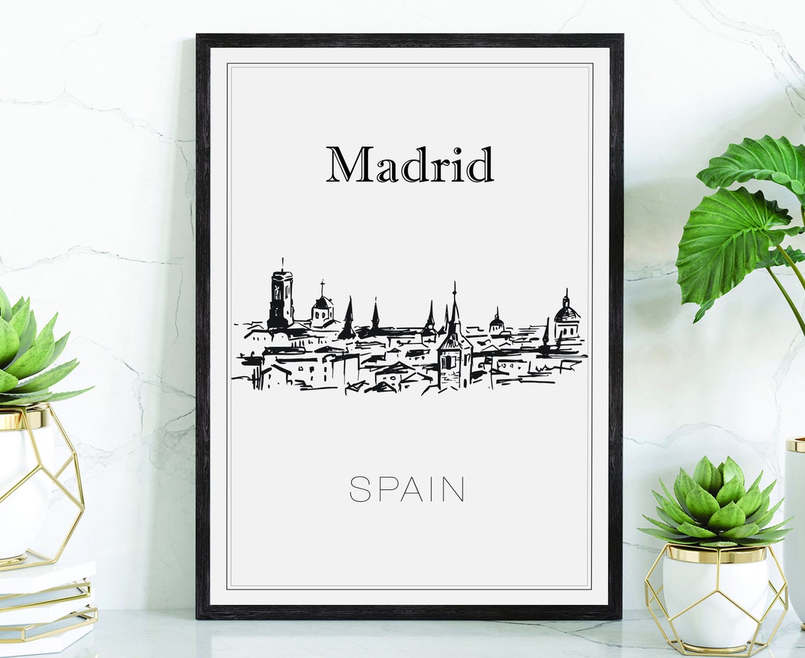 Madrid Spain Old Town Skyline Hand Drawn Ink Sketch Travel Poster