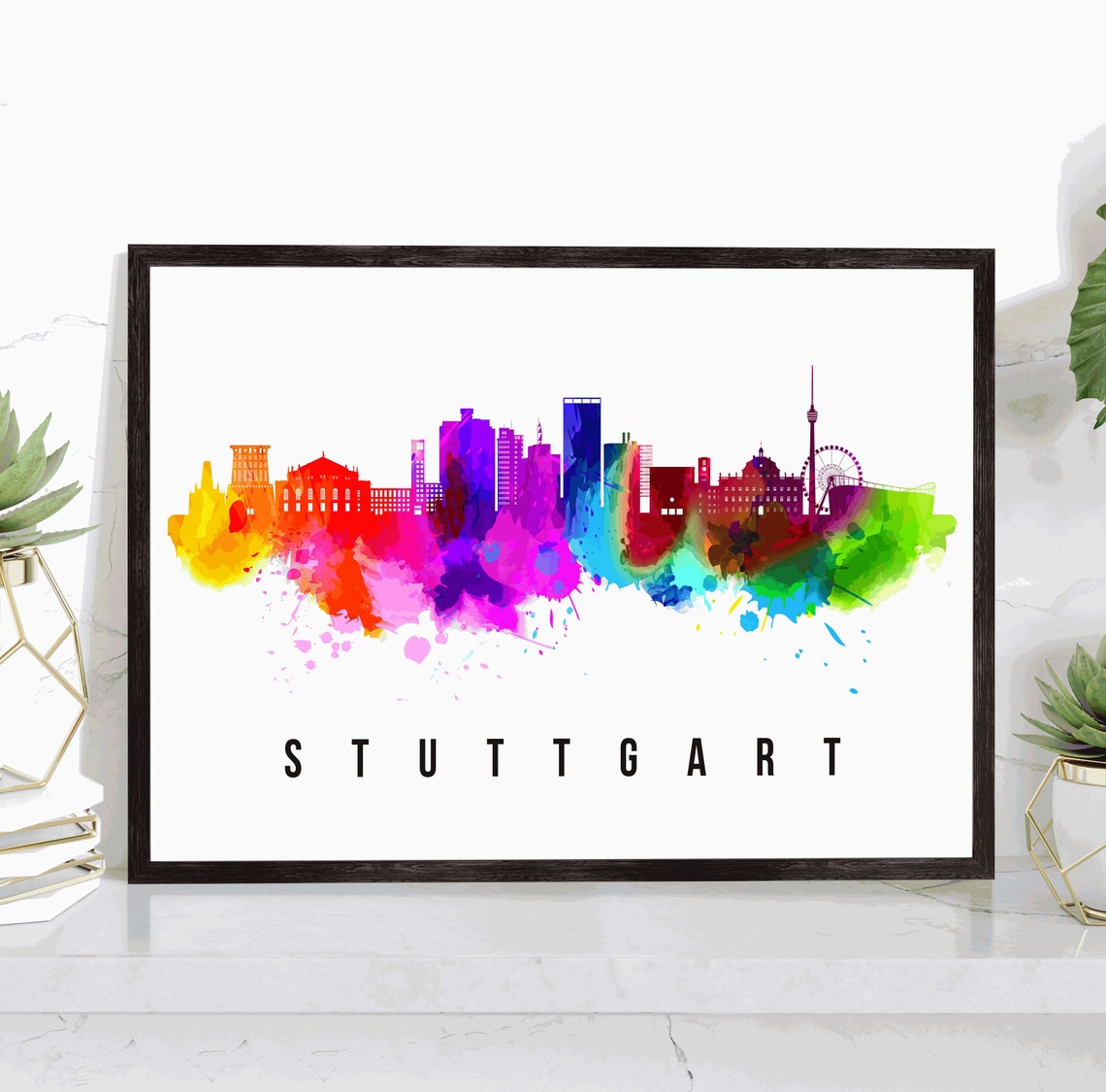 Stuttgart Germany Rainbow Watercolor Skyline Cityscape Art Poster