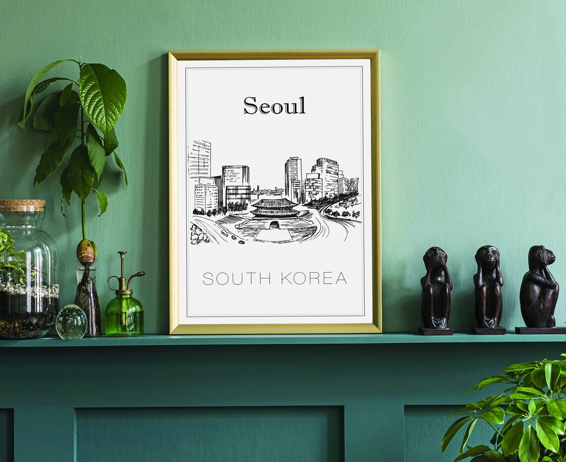 Hand Drawn Poster South Korea Travel Poster Seoul Poster Wall Art Seoul Cityscape And Landmark Map City Map Poster For Home Office - Image 3
