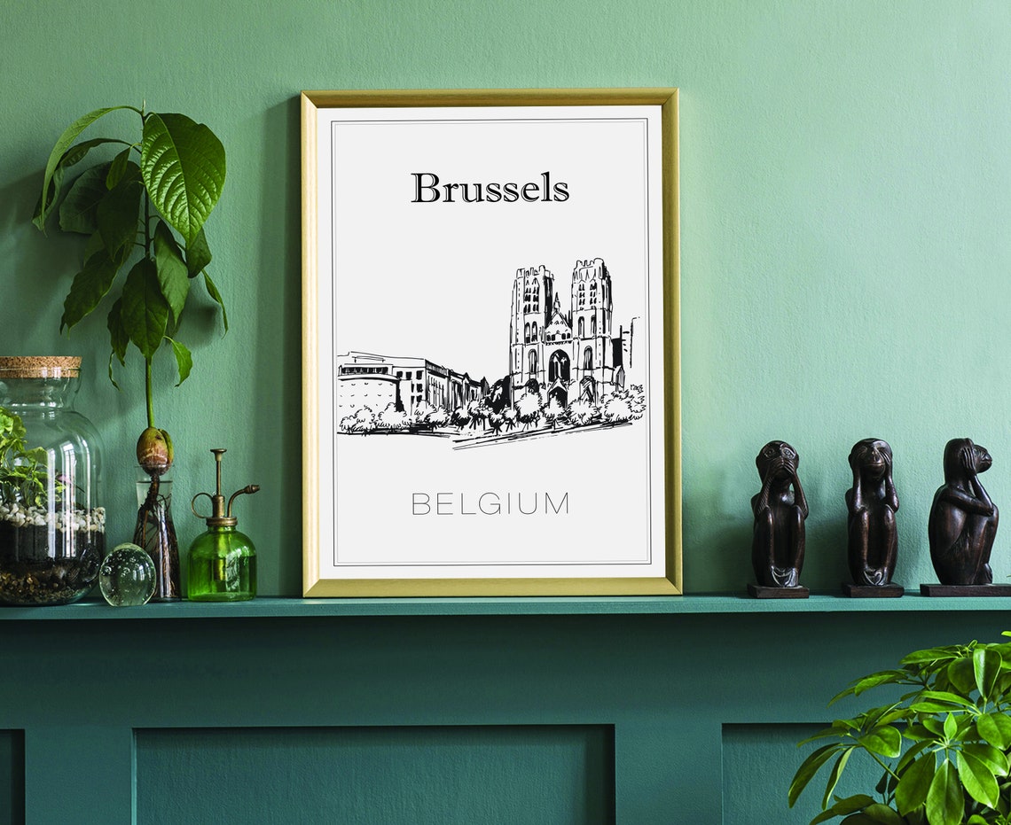 Brussels Belgium Historic Cathedral Twin Towers Sketch Wall Art Poster - Image 3