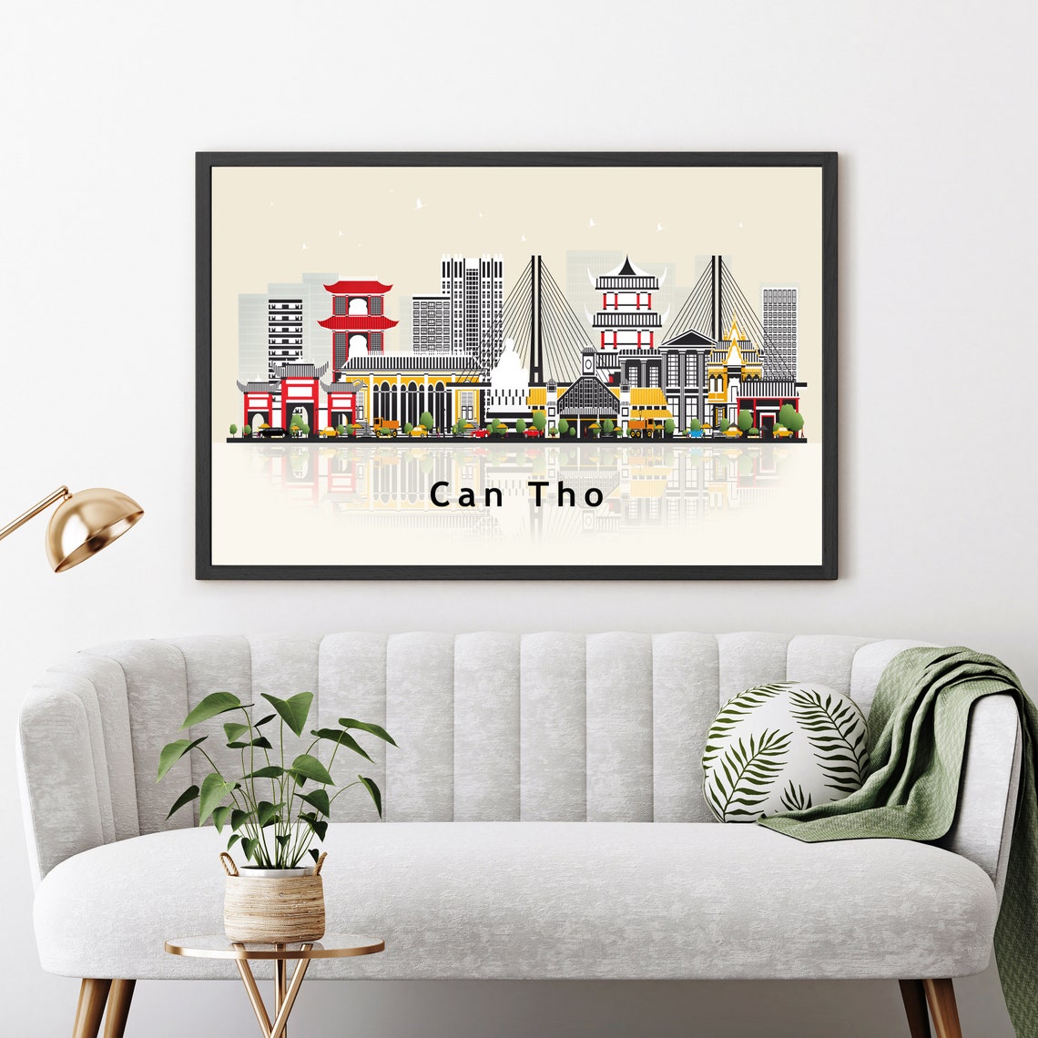 Can Tho Vietnam Cable Bridge Pagoda Skyline Illustration Travel Poster