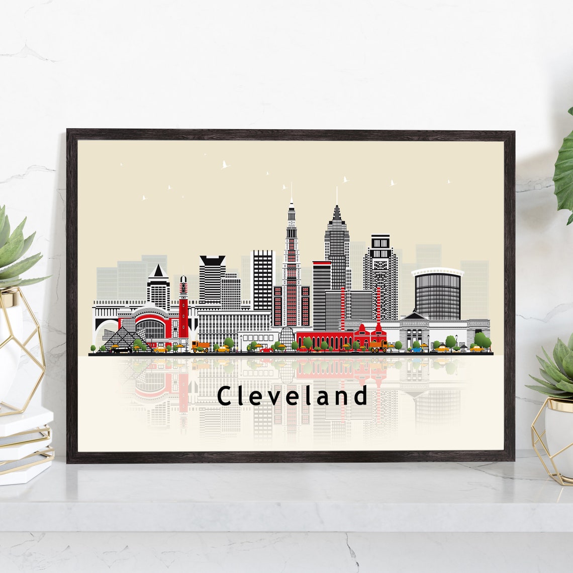 Cleveland Ohio Flat Illustration Skyline Cityscape Travel Poster