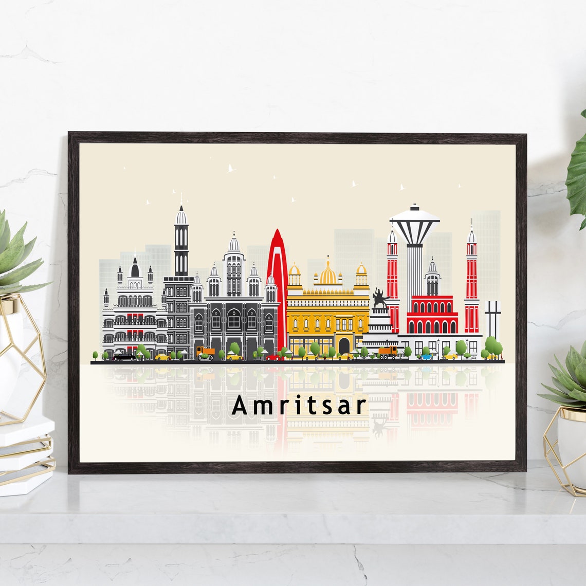 Amritsar India Golden Temple Skyline Illustration Travel Poster