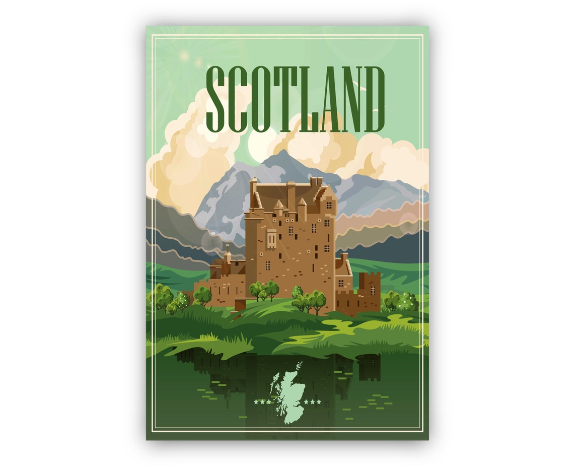 Scotland Highland Castle Lake Reflection Retro Style Travel Poster - Image 2
