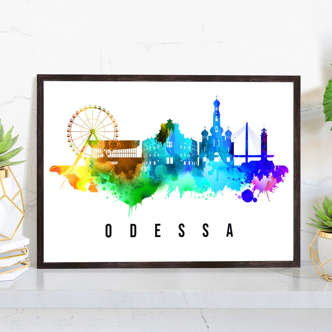 Odesa Ukraine Skyline Watercolor Poster with Black Sea Harbor View