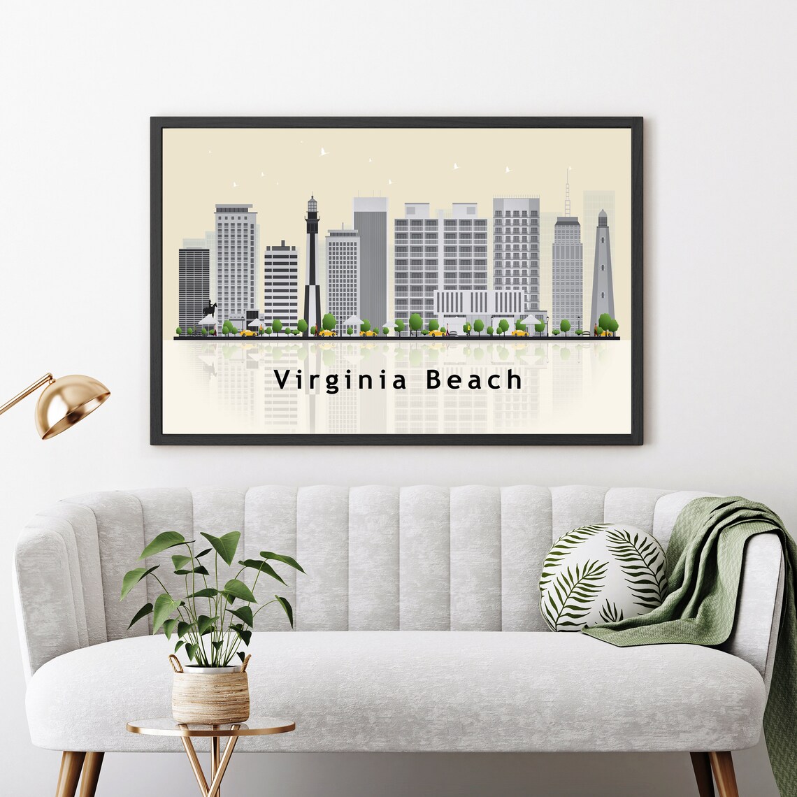 Virginia Beach Coastline Skyline Illustration With Lighthouse Reflection Poster - Image 3