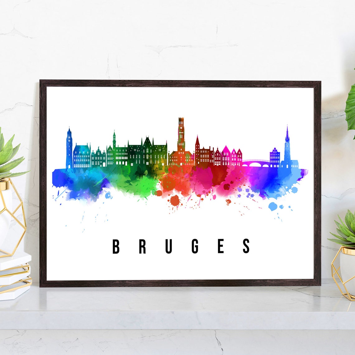 Bruges Belgium Rainbow Watercolor Skyline Historic Towers Wall Art