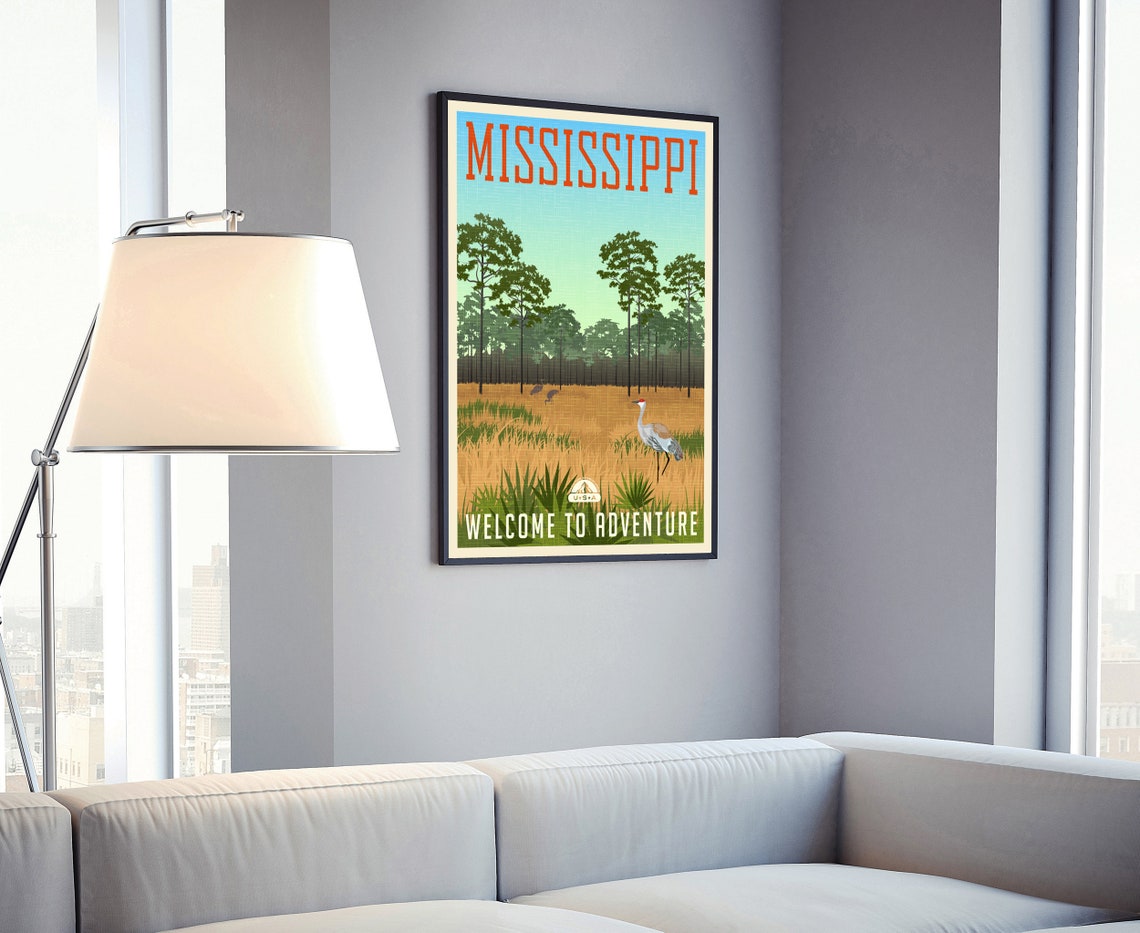 Mississippi Welcome to Adventure Retro Forest Cranes Travel Poster - Image 4