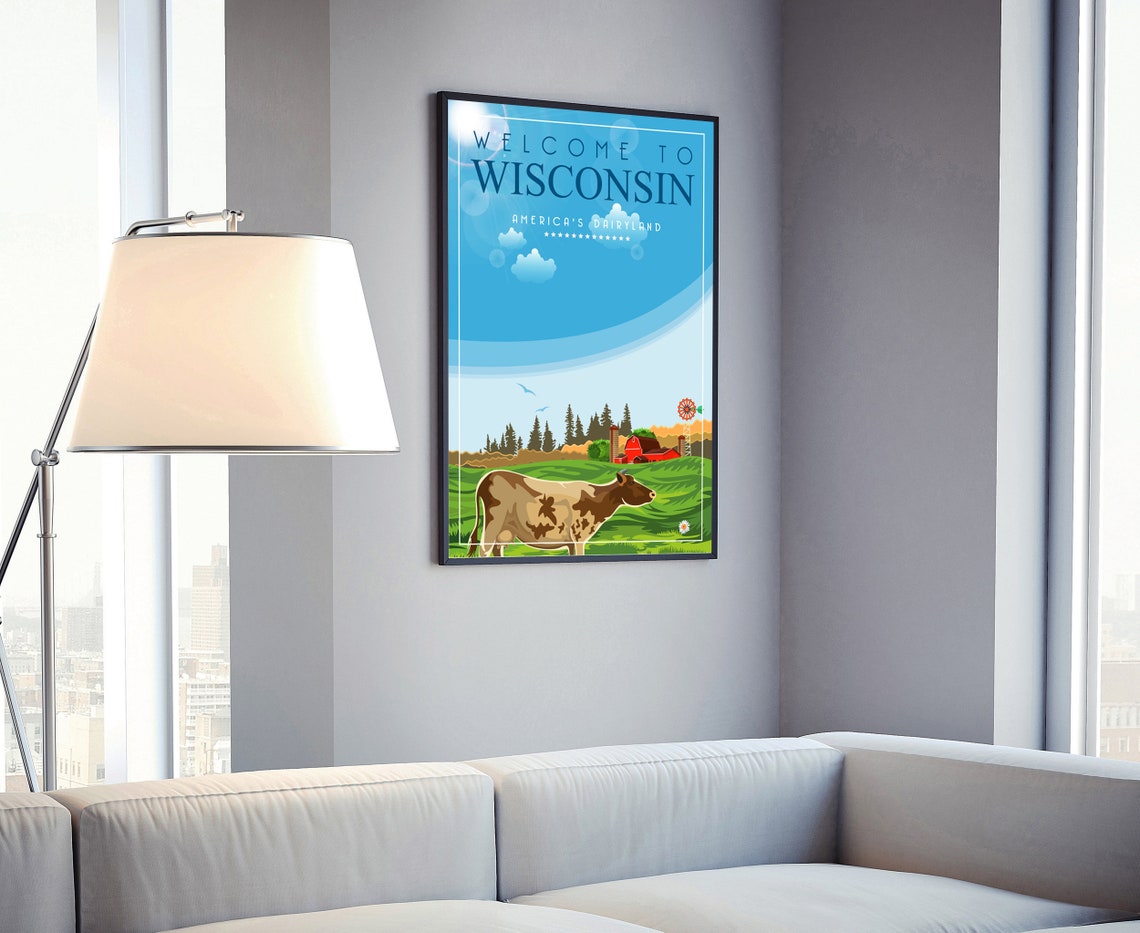 Wisconsin Americas Dairyland Cow Pasture Retro Vintage Travel Poster - Image 4