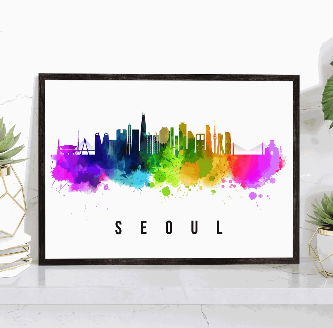 Seoul South Korea Rainbow Watercolor Skyline Palace Gate Travel Poster