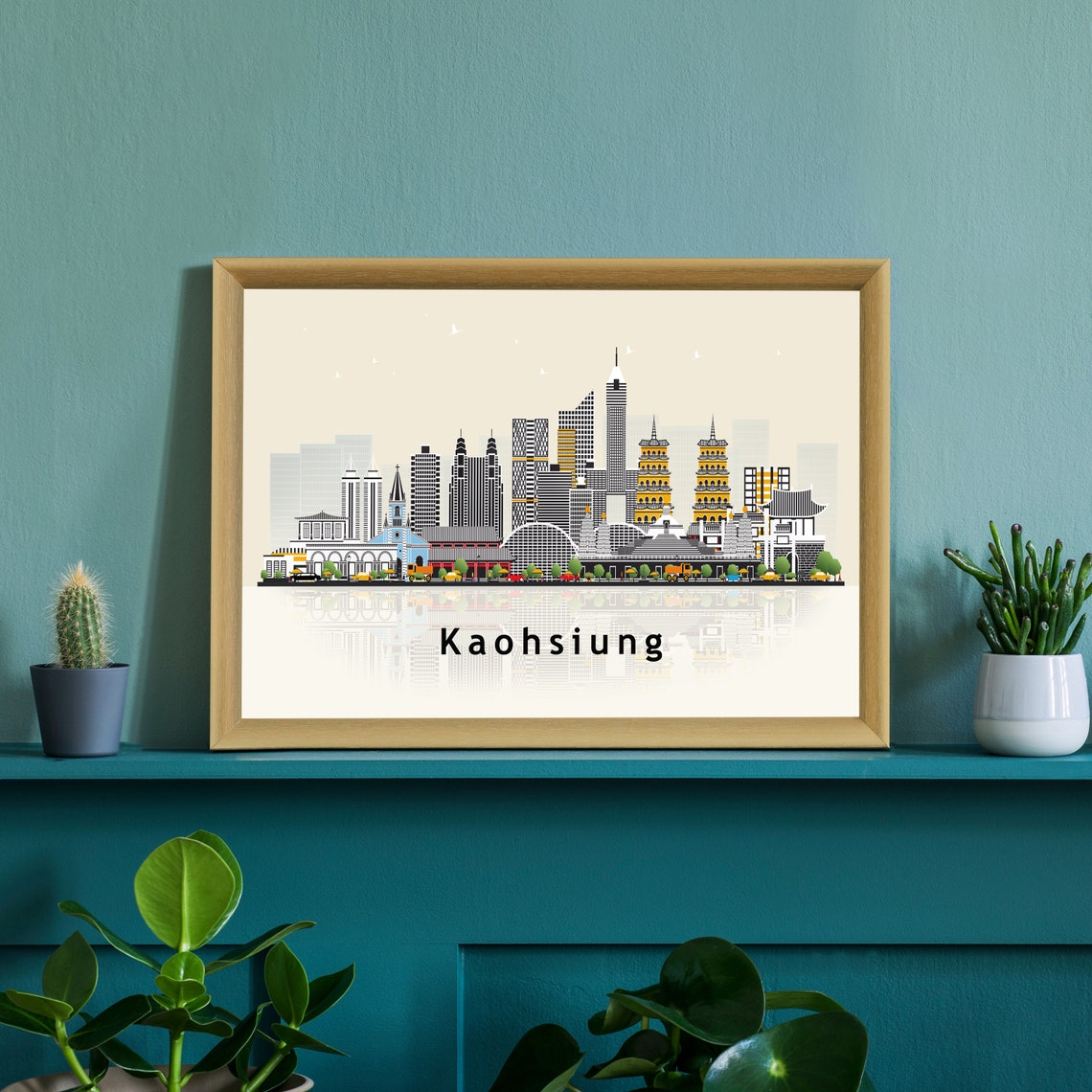Kaohsiung Taiwan Giant Buddha Night Skyline Illustration Art Poster - Image 3