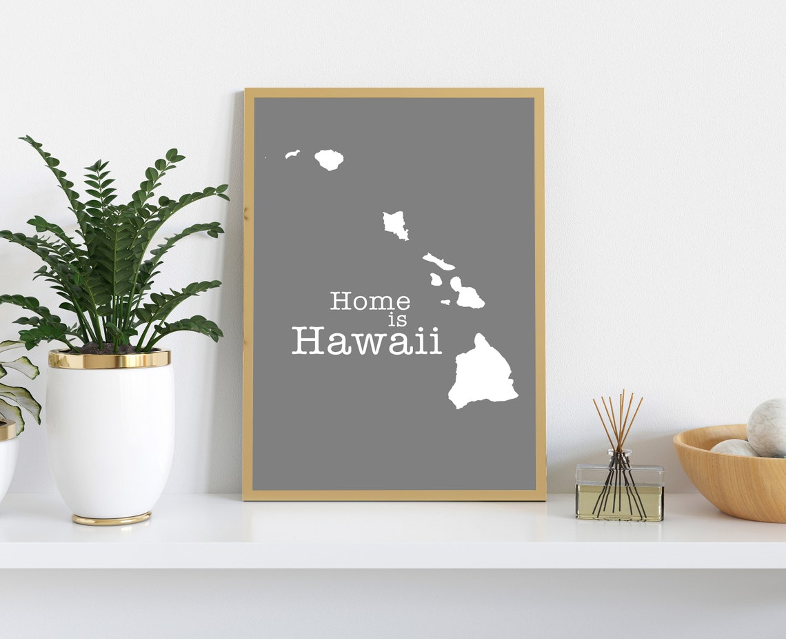 Hawaii Home Is Hawaii White On Gray Minimalist Map Wall Art Print - Image 2