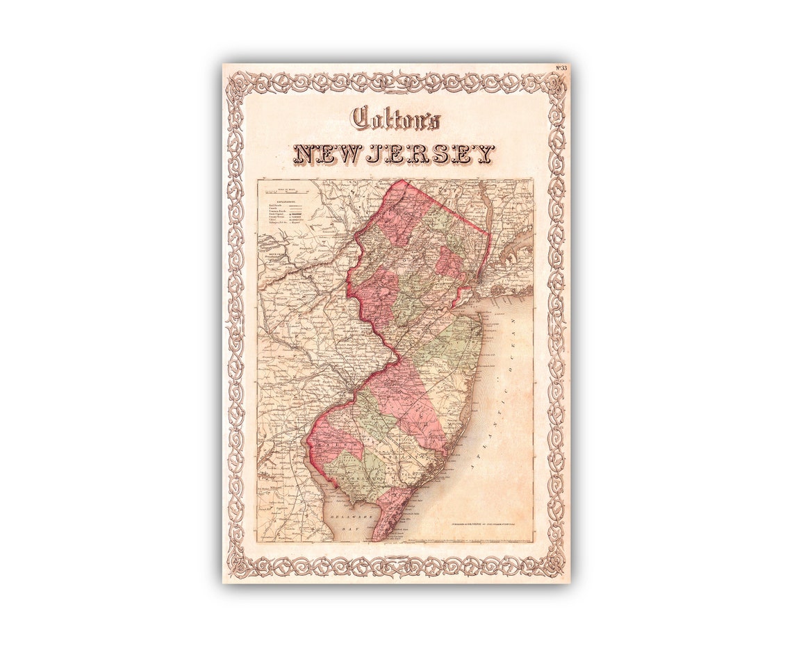 New Jersey Vintage Antique Colton Map Sepia Rustic Travel Poster - Image 2