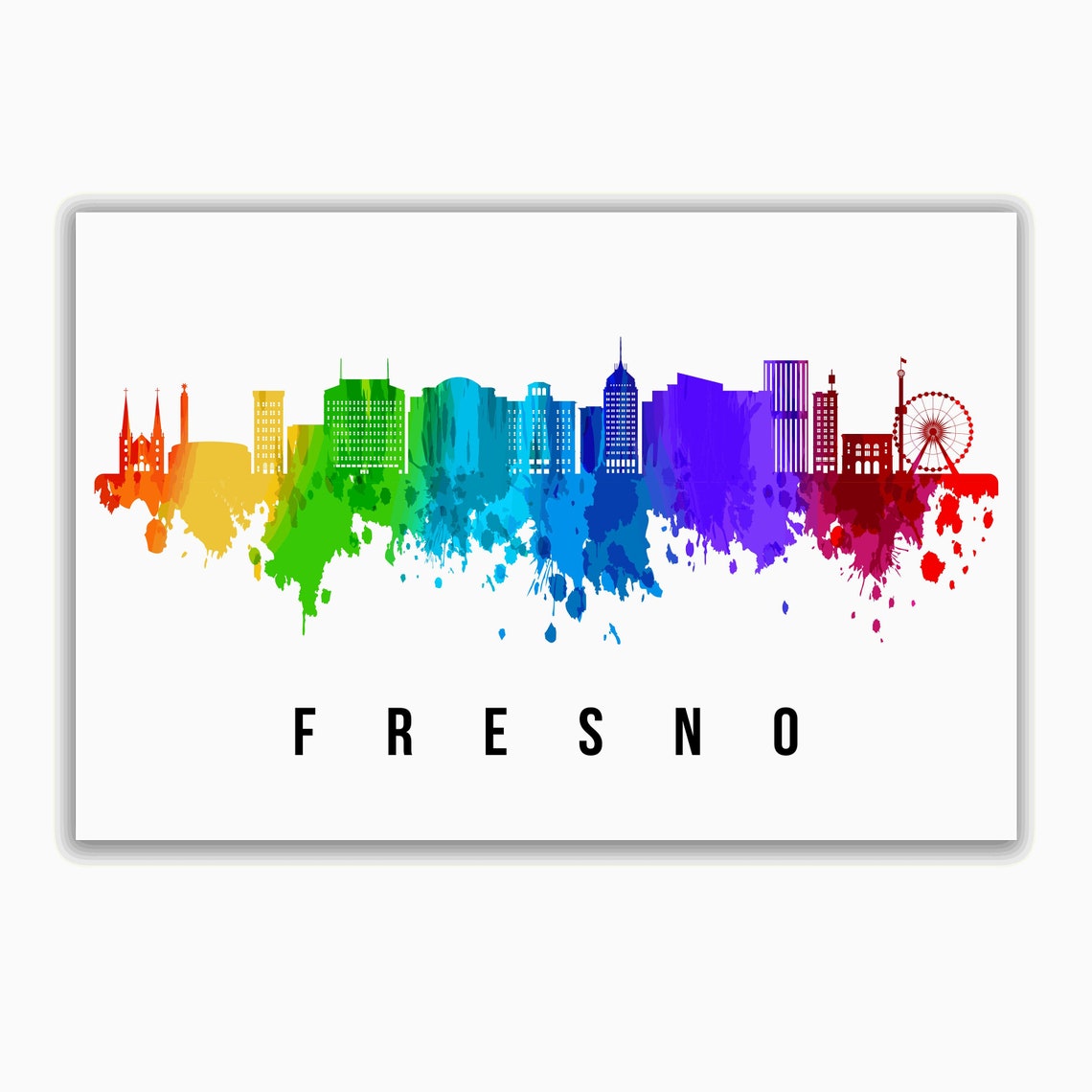 Fresno California Rainbow Watercolor Skyline Ferris Wheel Art Poster - Image 2