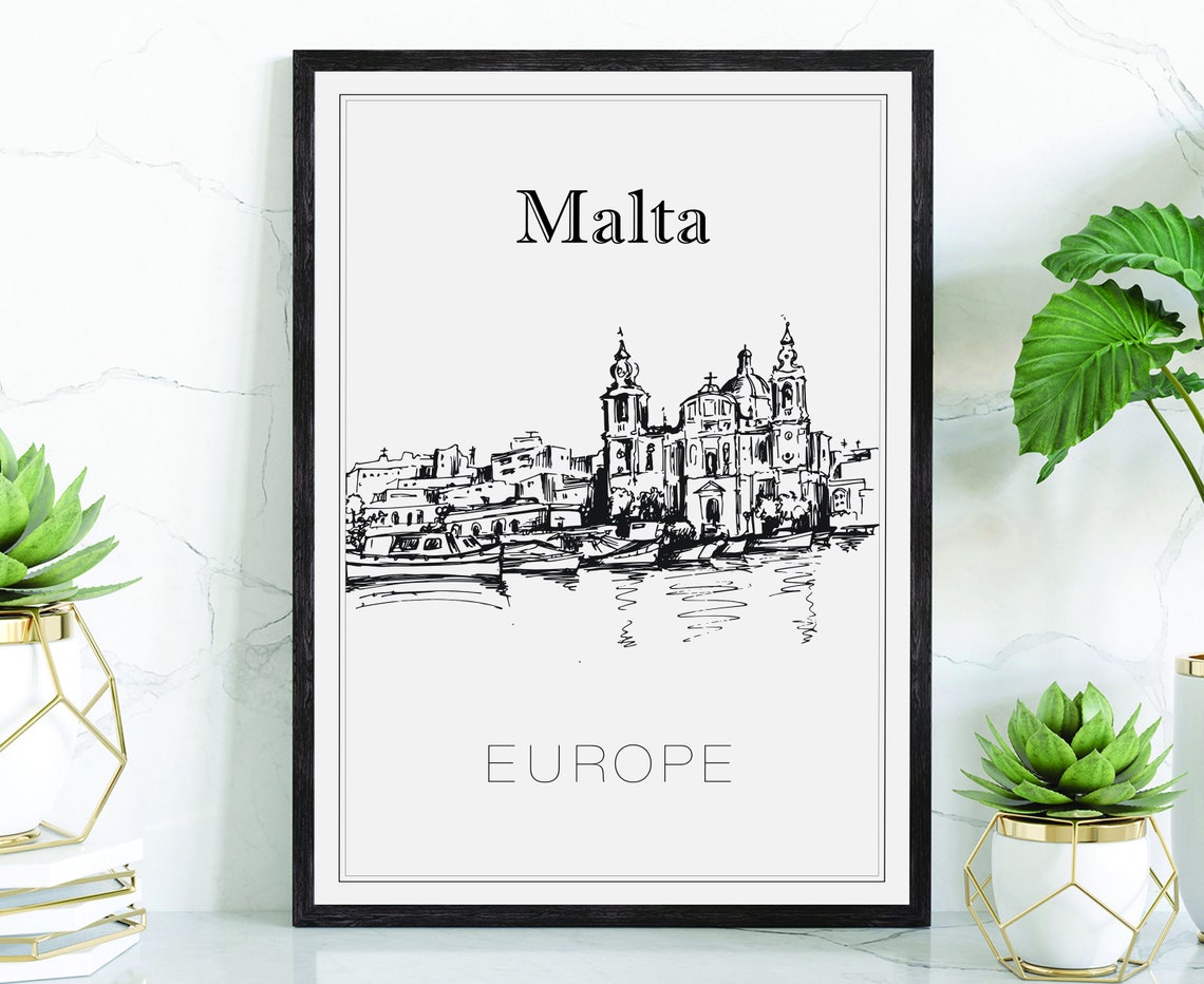 Malta Europe Domed Church Harbor Waterfront Hand Drawn Travel Poster