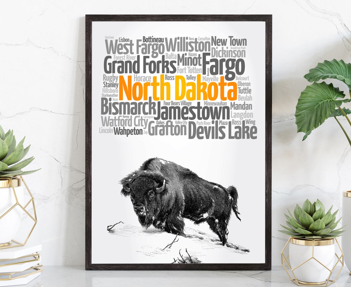 North Dakota State Cities Bison Typographic Map Vintage Travel Poster