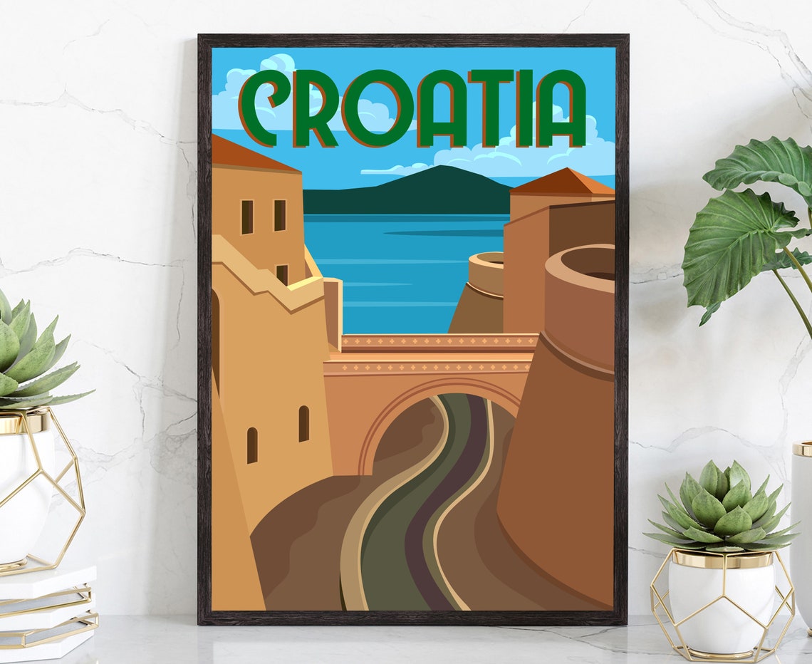 Croatia Historic Walled City Bridge Sea View Retro Travel Poster