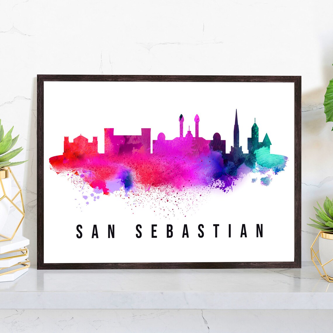 San Sebastian Spain Watercolor Old Town Skyline Silhouette Poster
