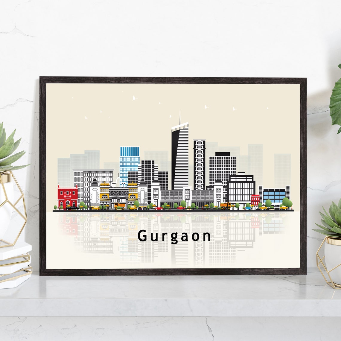 Gurgaon India Modern Skyline Illustration Landmarks Travel Poster