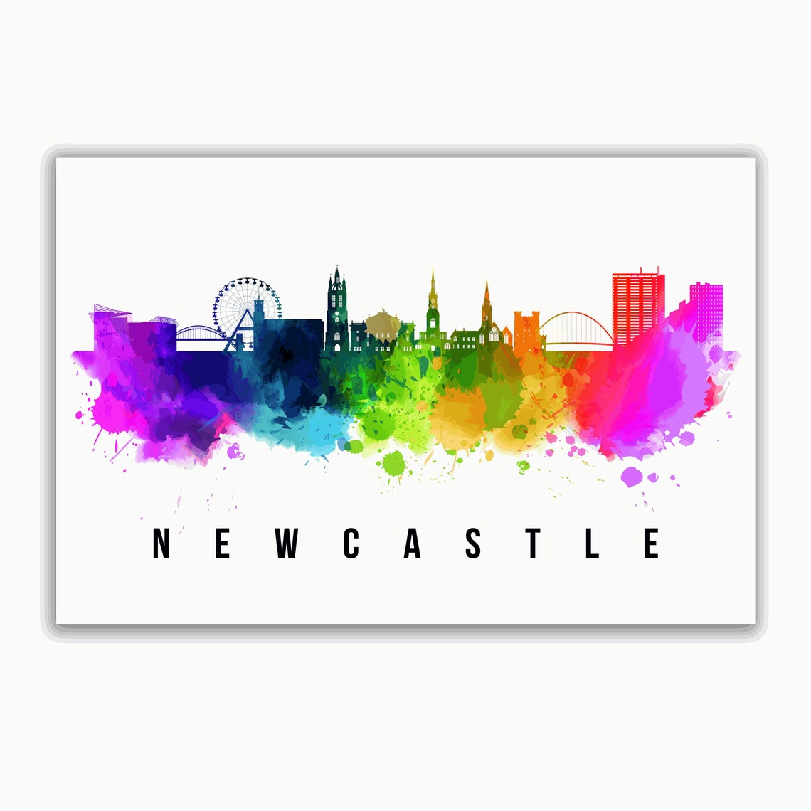 Newcastle England Rainbow Watercolor Skyline Silhouette Art Poster - Image 2