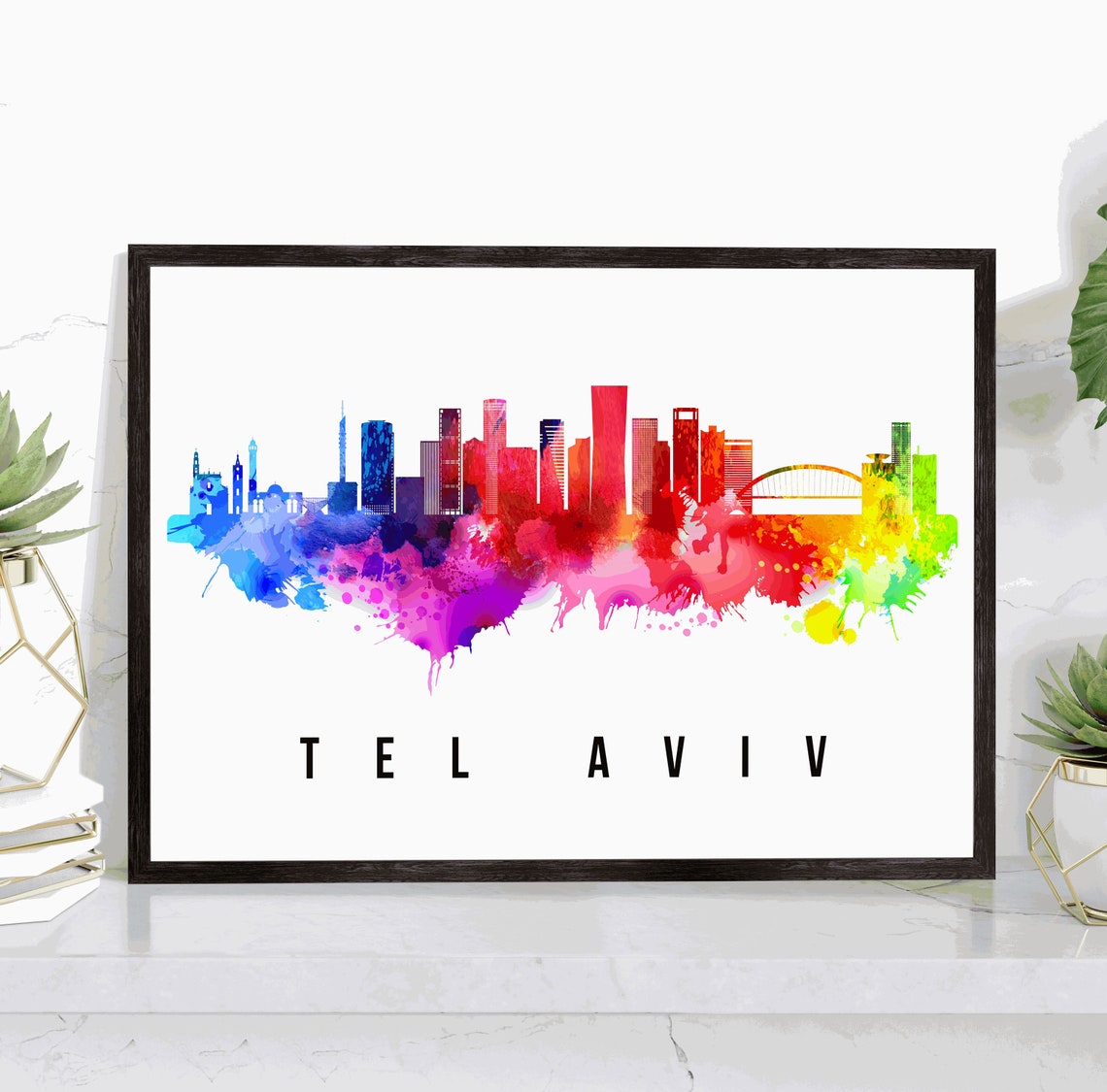 Tel Aviv Israel Rainbow Watercolor City Skyline Silhouette Art Poster