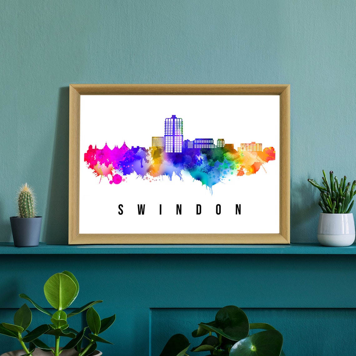 Swindon England Rainbow Watercolor Skyline Cityscape Wall Art - Image 3