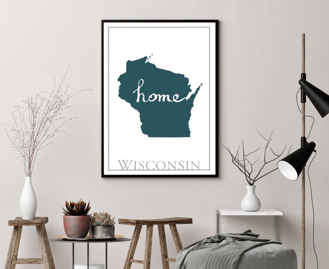 Wisconsin Modern Minimalist Teal Home Script Silhouette Wall Art - Image 3