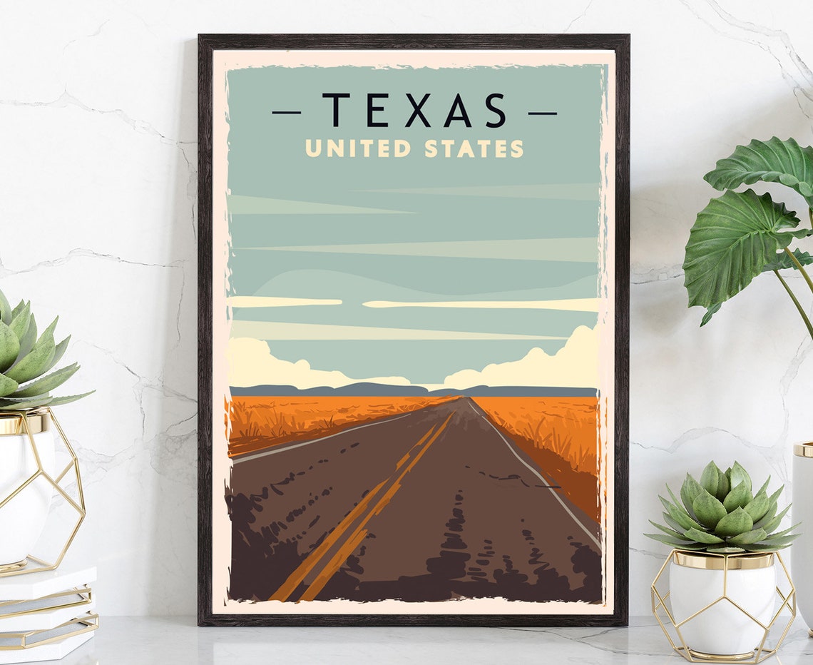 Texas United States Desert Highway Retro Vintage Road Trip Poster