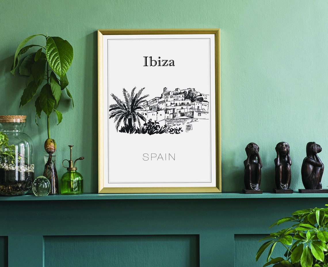 Ibiza Spain Dalt Vila Old Town Palm Tree Hand Drawn Art Poster - Image 3