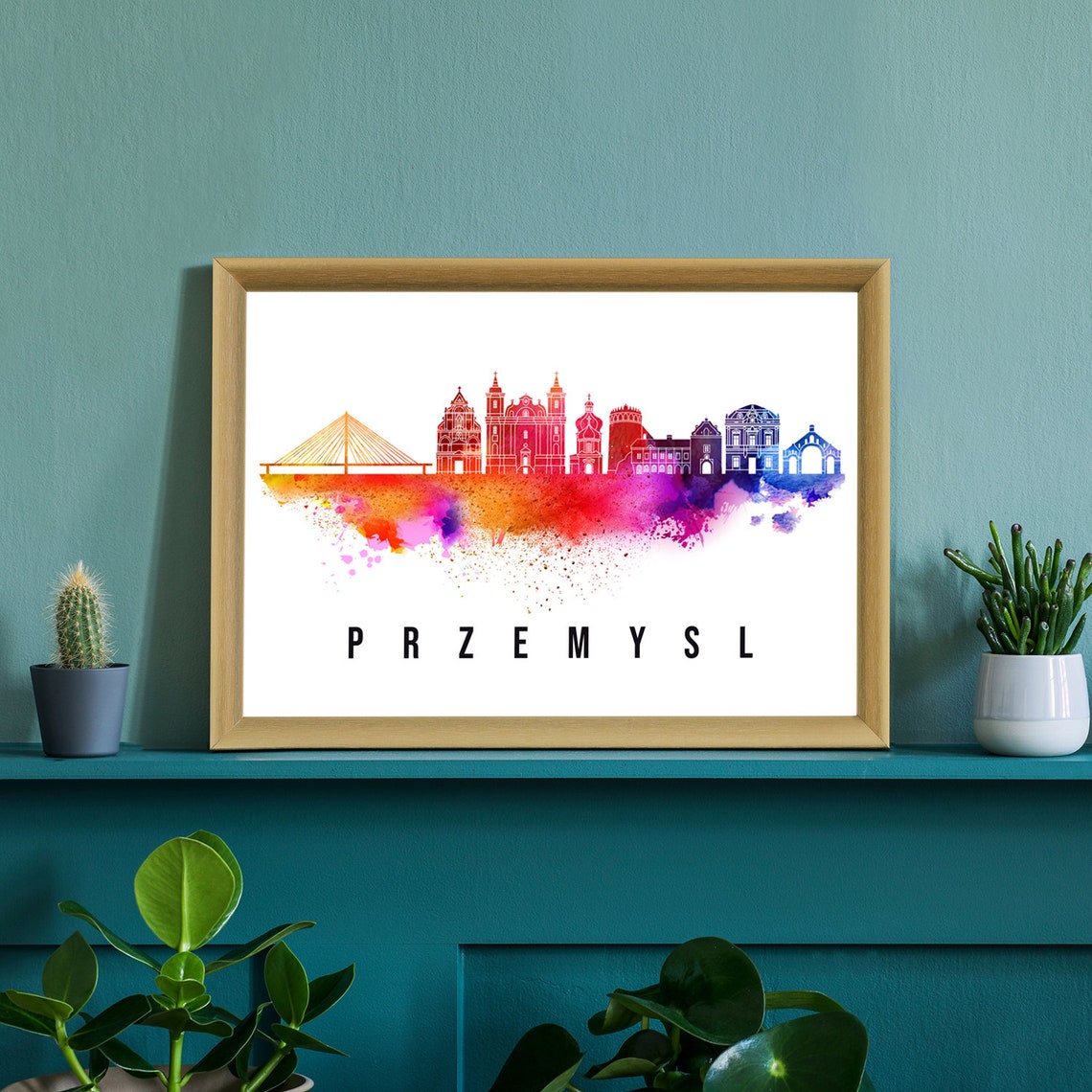 Przemysl Poland Cable Bridge Churches Watercolor Skyline Poster - Image 2