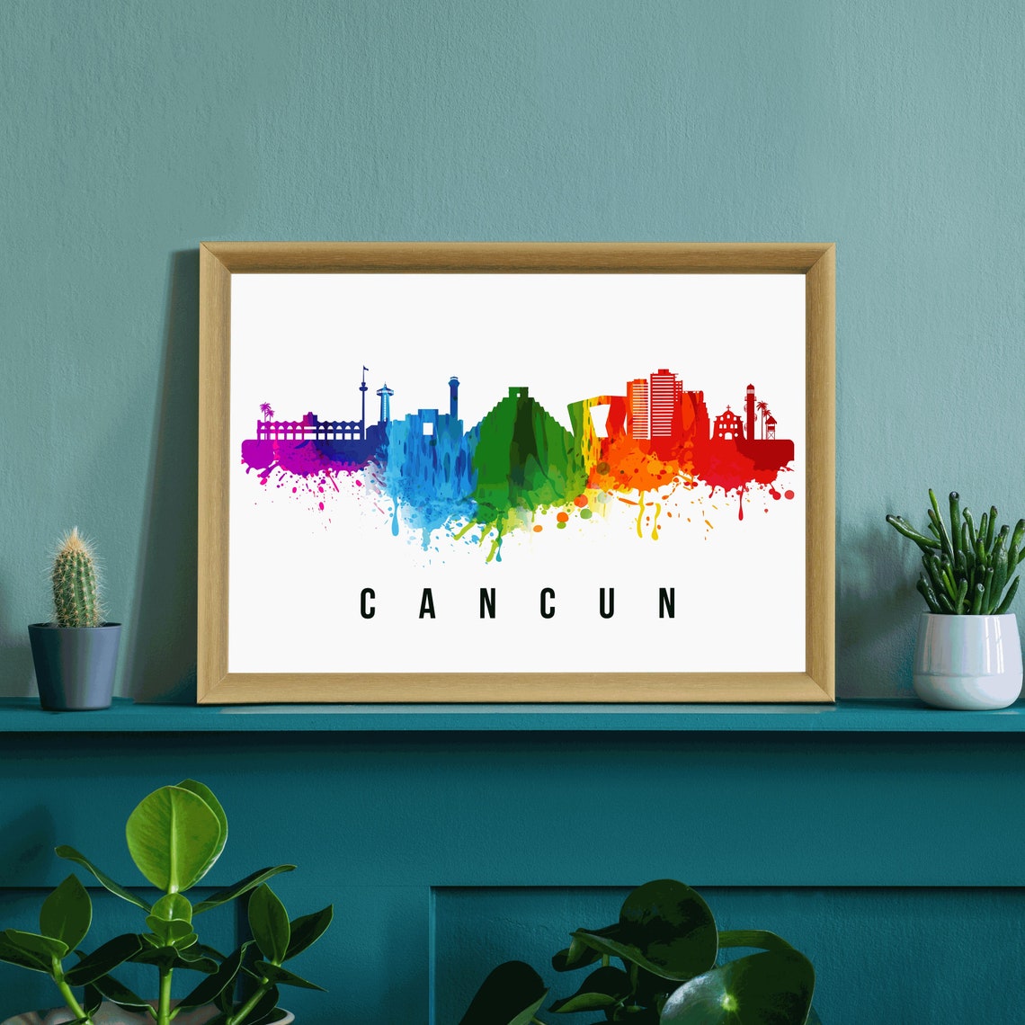 Cancun Mexico Rainbow Watercolor Skyline Beach Cityscape Travel Poster - Image 3