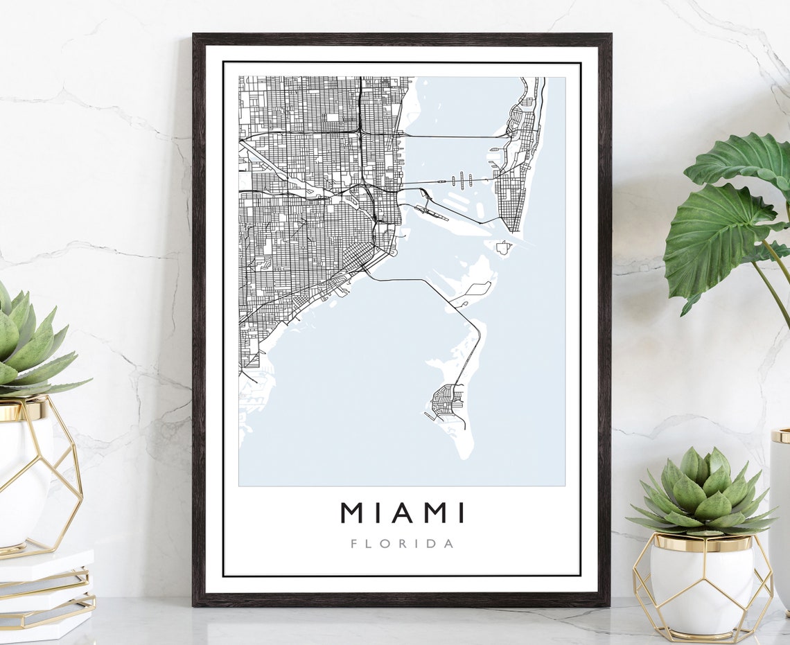Miami Florida Minimalist Street Map Black White City Art Poster