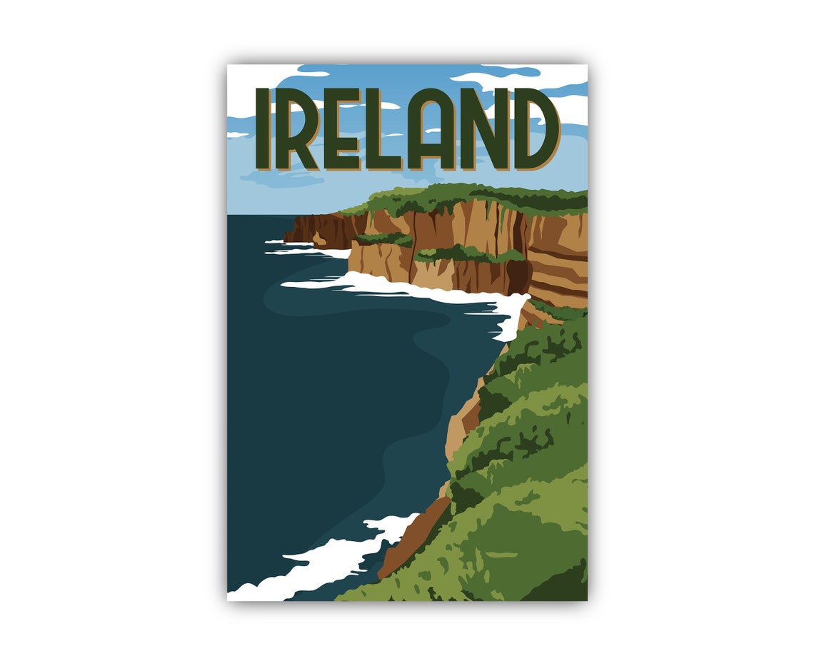 Ireland Retro Travel Poster Ocean Cliffs Coast Sunset Landscape Art - Image 2