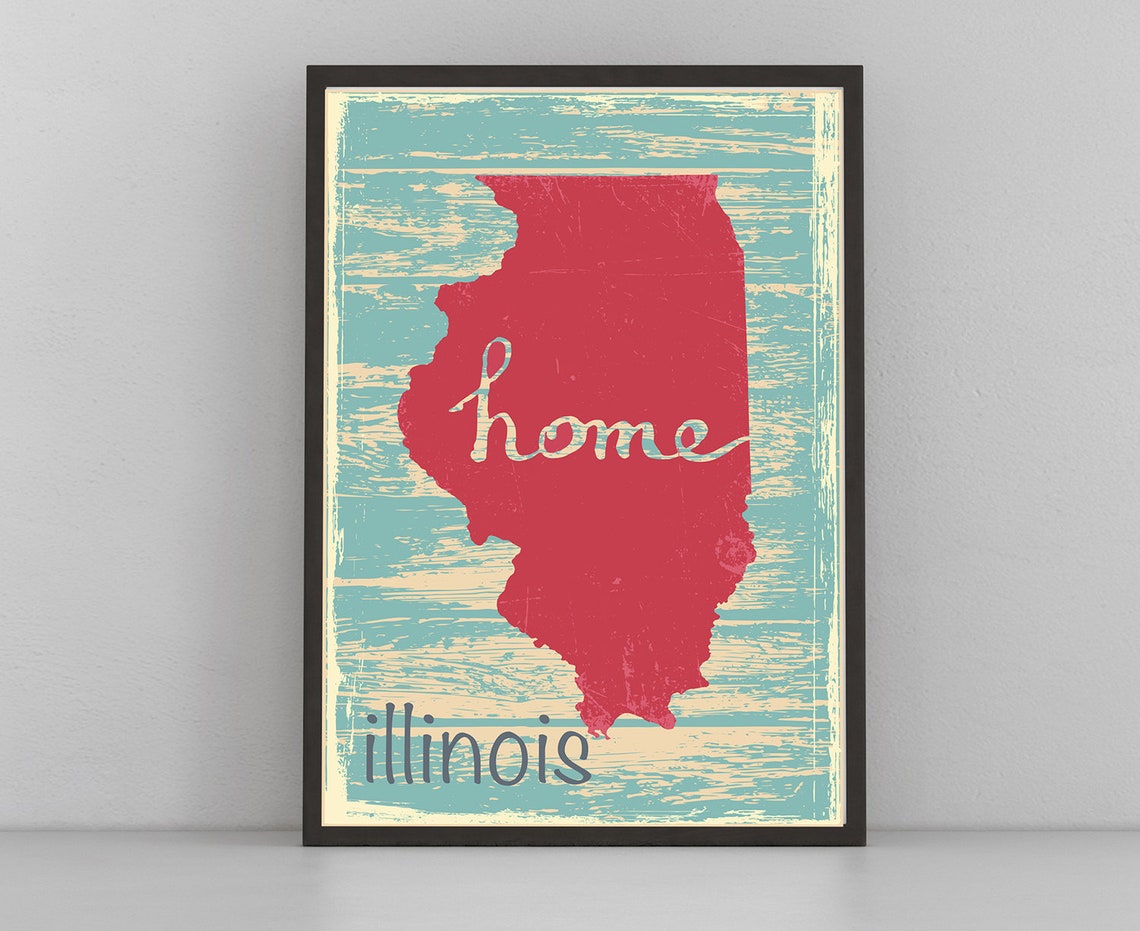 Illinois Home State Map Red Silhouette Retro Style Wall Poster