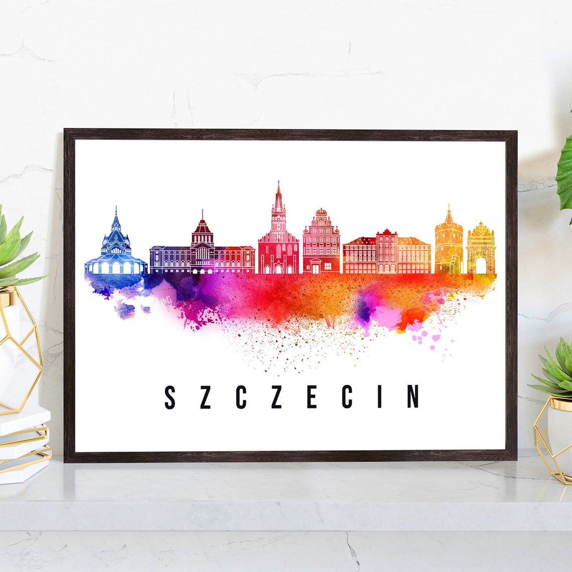 Szczecin Poland Castle Cathedral Watercolor Skyline Travel Poster