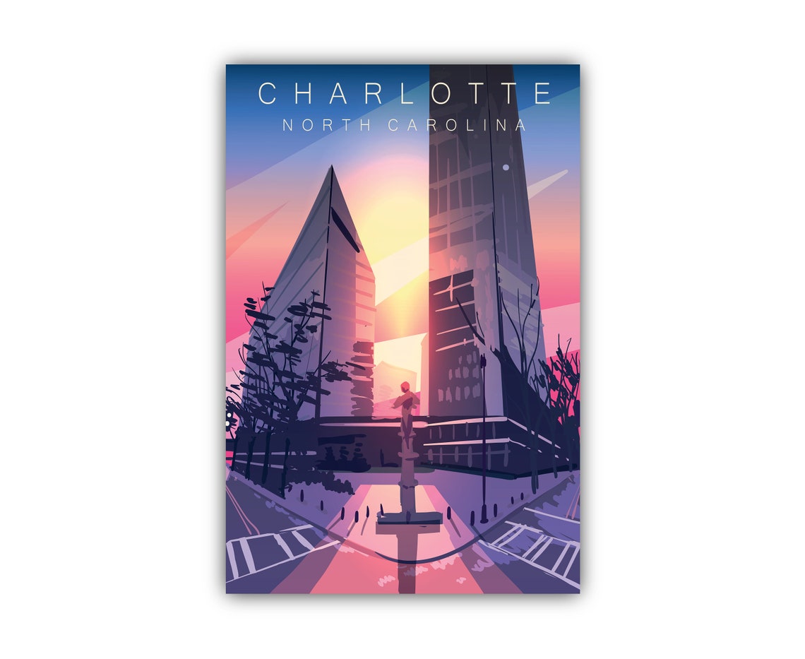 Charlotte North Carolina Downtown Sunset Retro Travel Wall Art Poster - Image 2