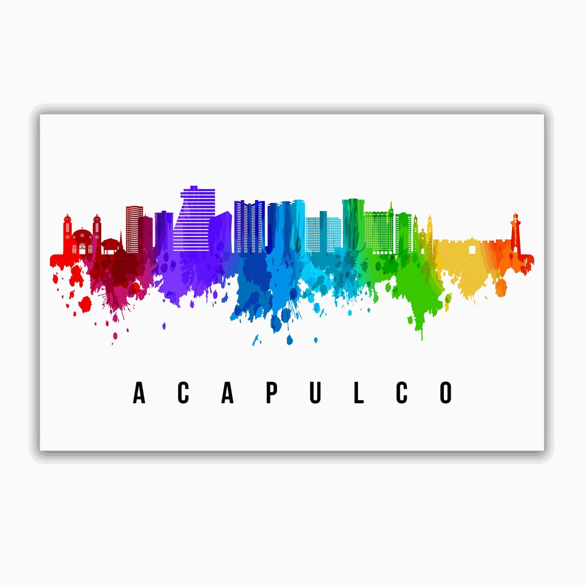 Acapulco Mexico Rainbow Watercolor Skyline Silhouette Travel Poster - Image 2