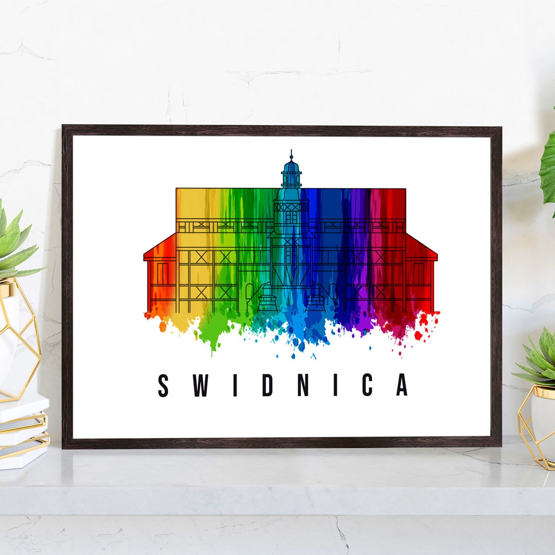 Swidnica Poland Timber Church Rainbow Watercolor Landmark Poster