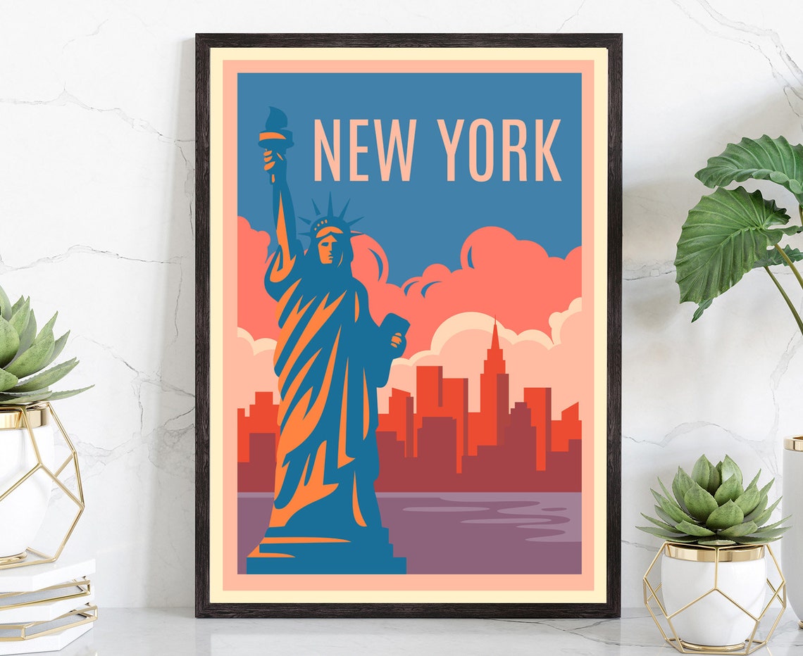 New York Statue of Liberty Retro Sunset Harbor Skyline Travel Poster