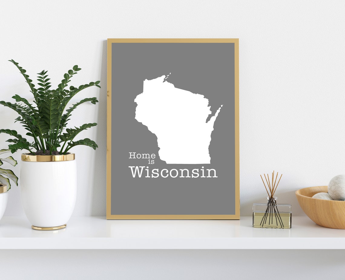Wisconsin Home Is State Silhouette Gray Minimal Map Art Poster - Image 2
