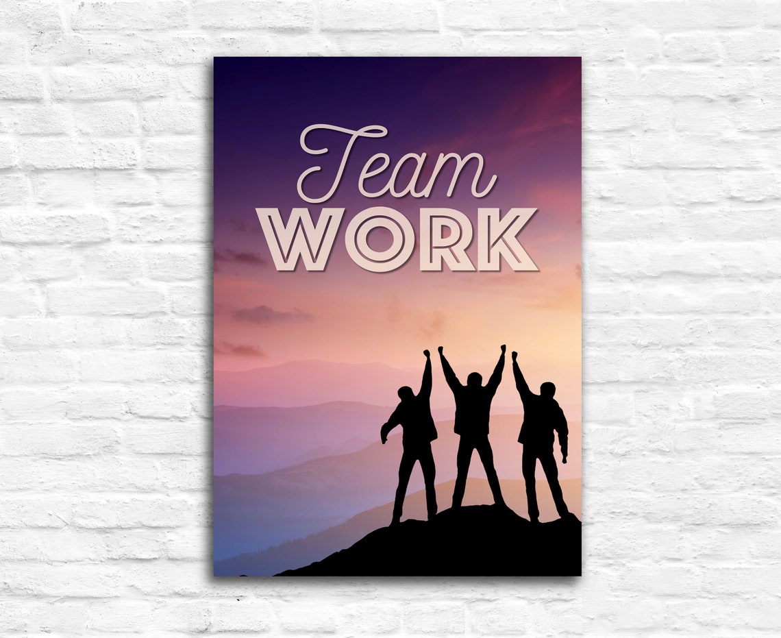 Team Work Sunset Summit Silhouette Hikers Quote Motivational Poster - Image 2