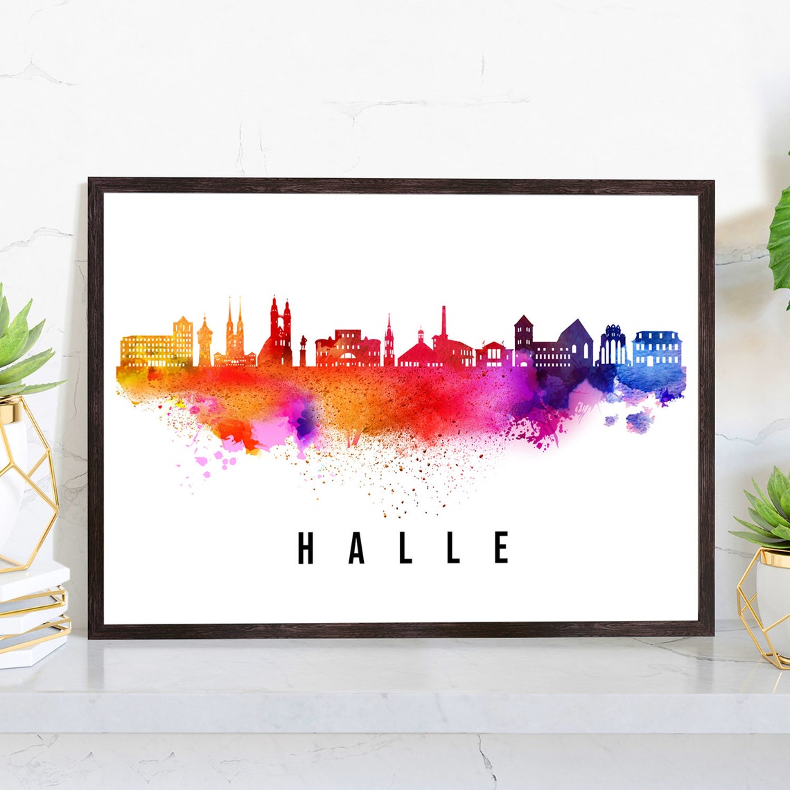 Halle Belgium Rainbow Watercolor Skyline Old Town Silhouette Art