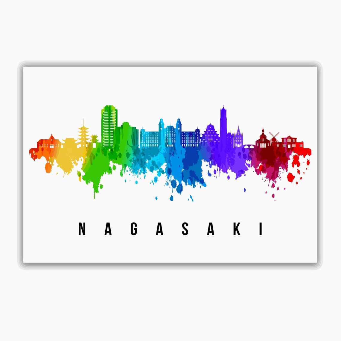 Nagasaki Japan Rainbow Watercolor Skyline City Art Travel Poster - Image 2