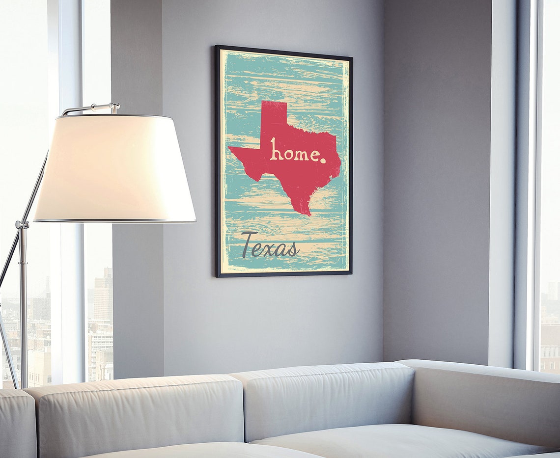 Texas Home State Silhouette Rustic Teal Coral Map Wall Poster - Image 4