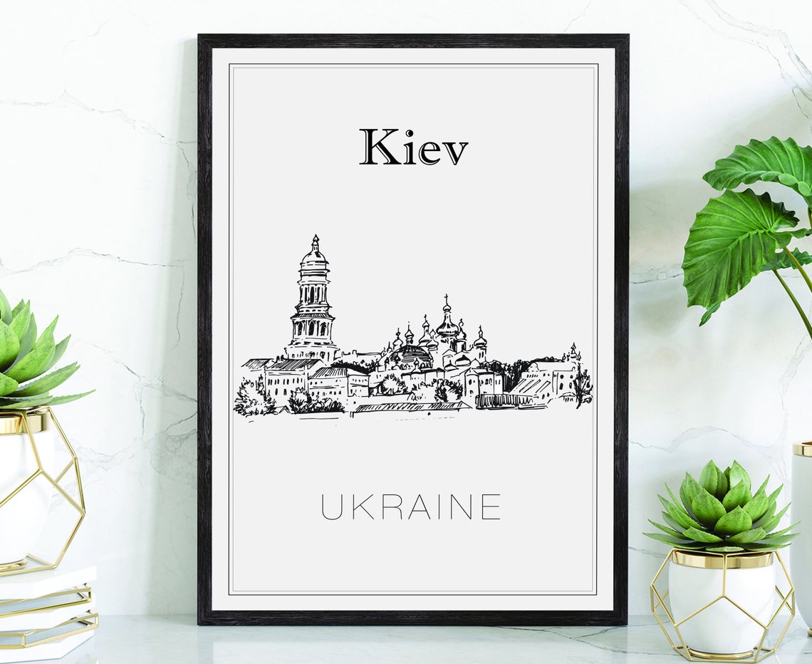 Kiev Ukraine Historic Skyline Bell Tower Hand Drawn Sketch Poster